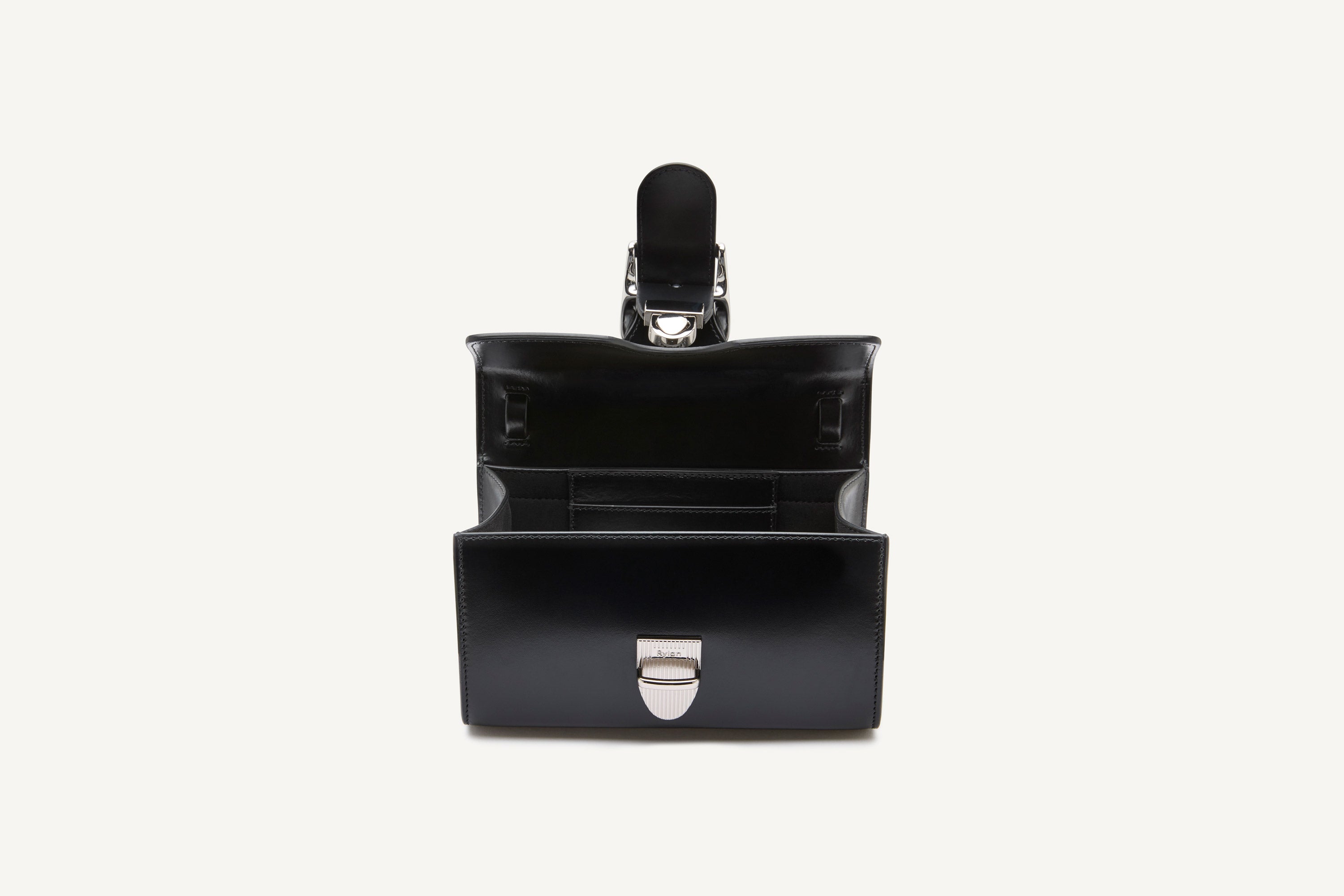 10.1S Black Mini Satchel with Flat Handle and Silver Buckle 10.1S Black Mini Satchel with Flat Handle and Silver Buckle