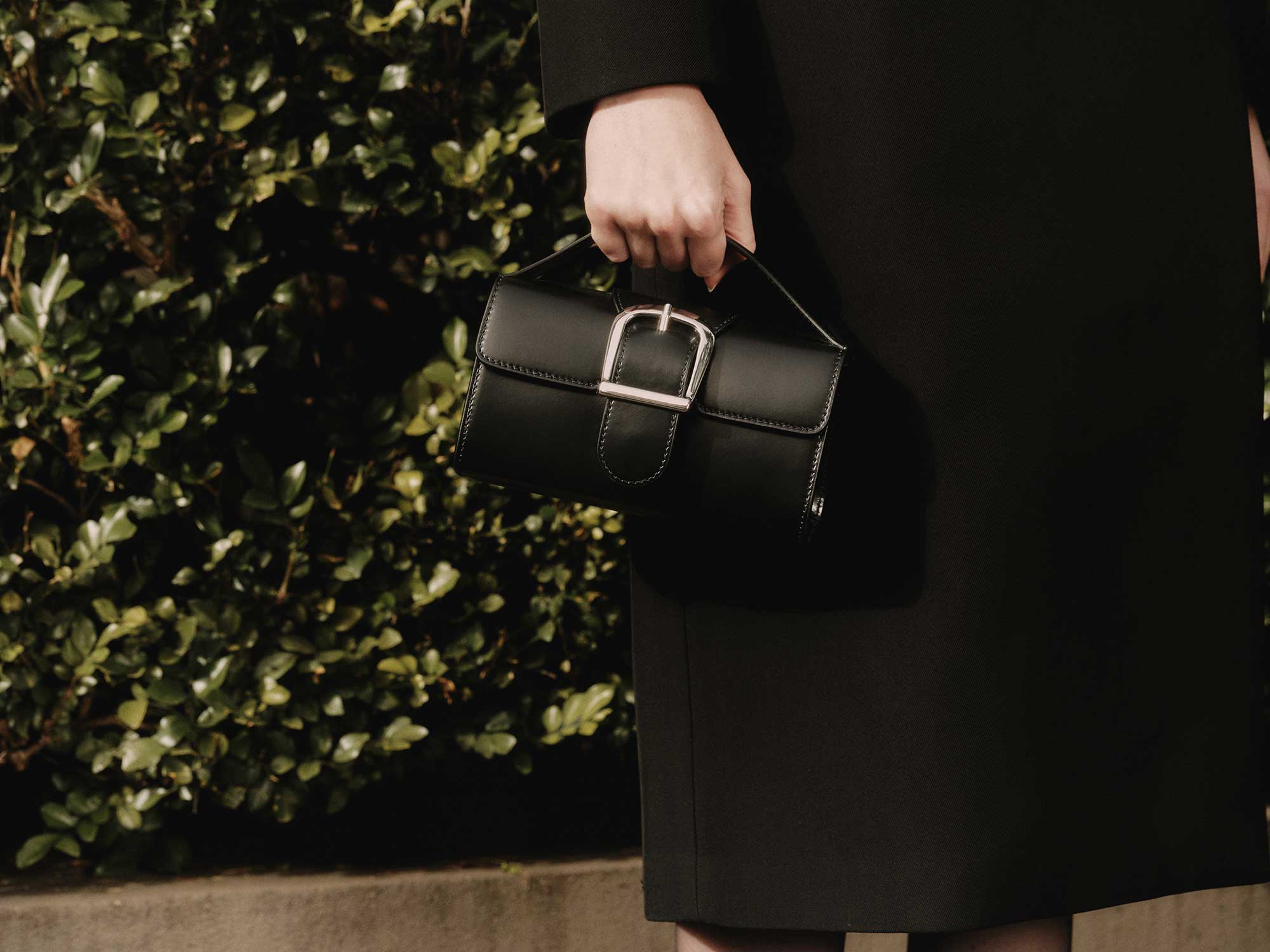 10.1S Black Mini Satchel with Flat Handle and Silver Buckle
