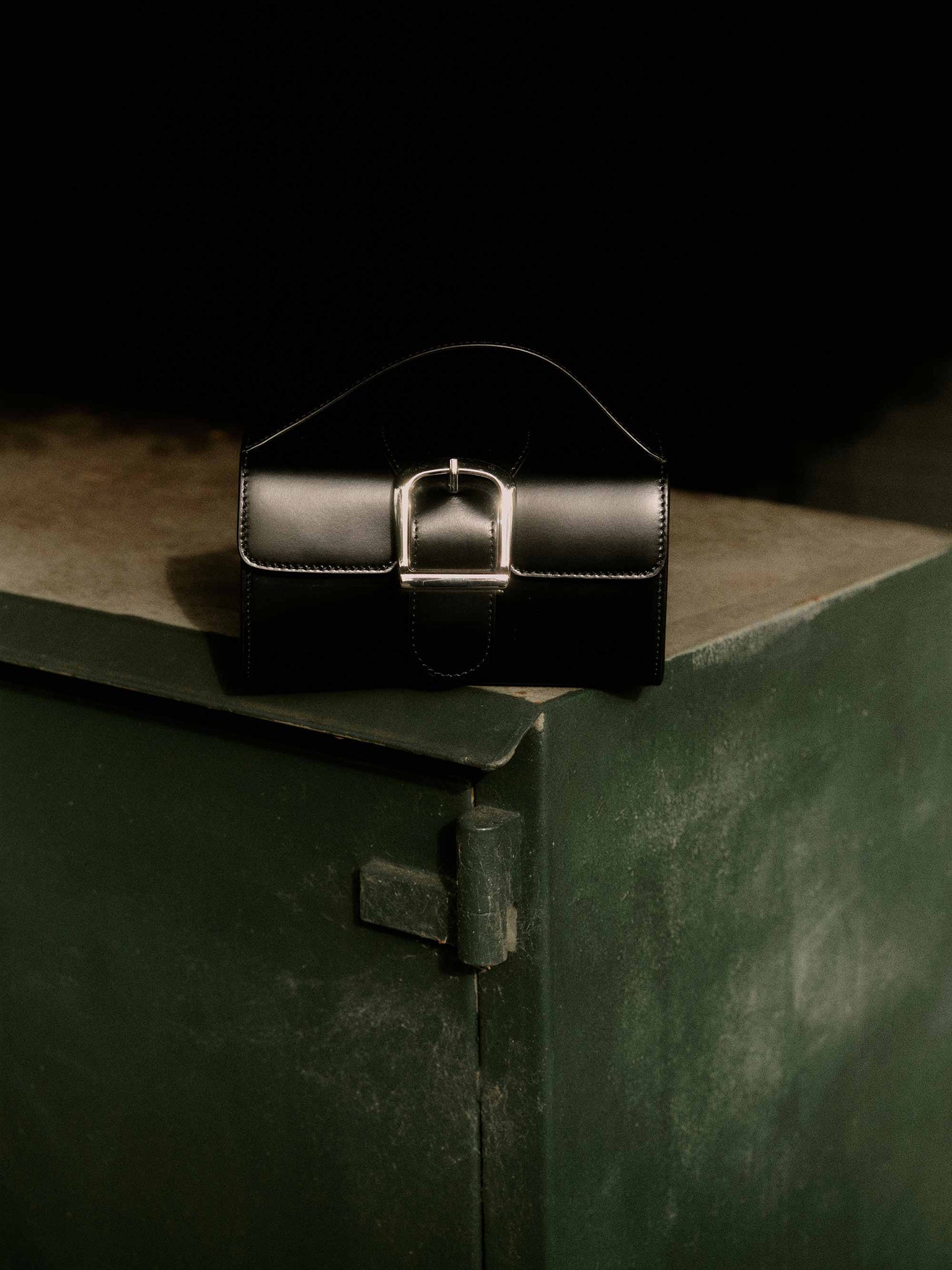 10.1S Black Mini Satchel with Flat Handle and Silver Buckle