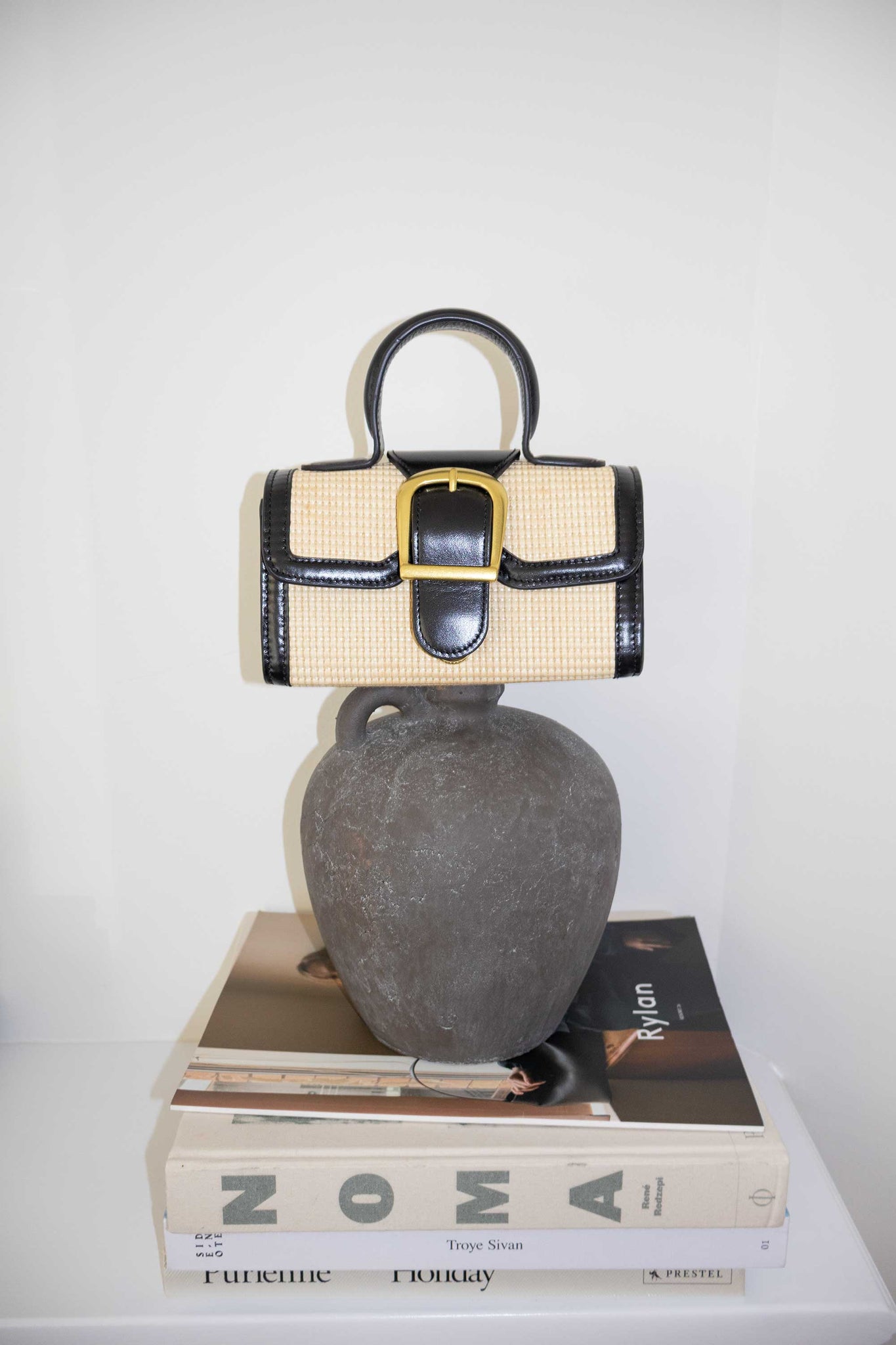 Raffia with Black Mini Satchel Sample