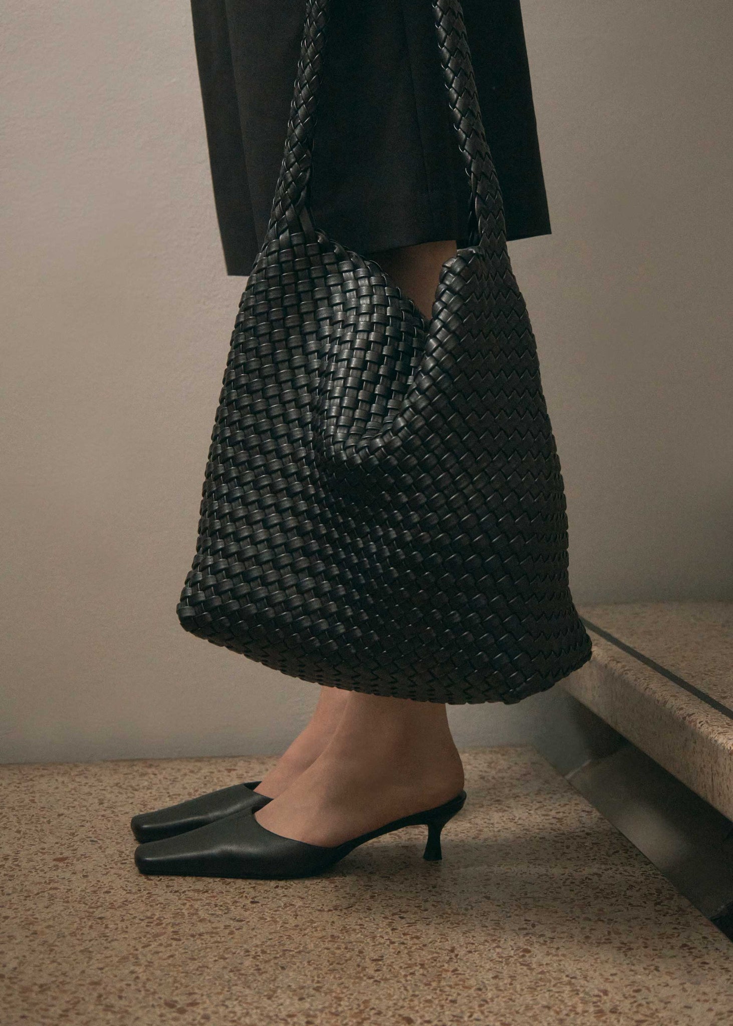 Rylan Black Alt-Leather Woven Large Tote