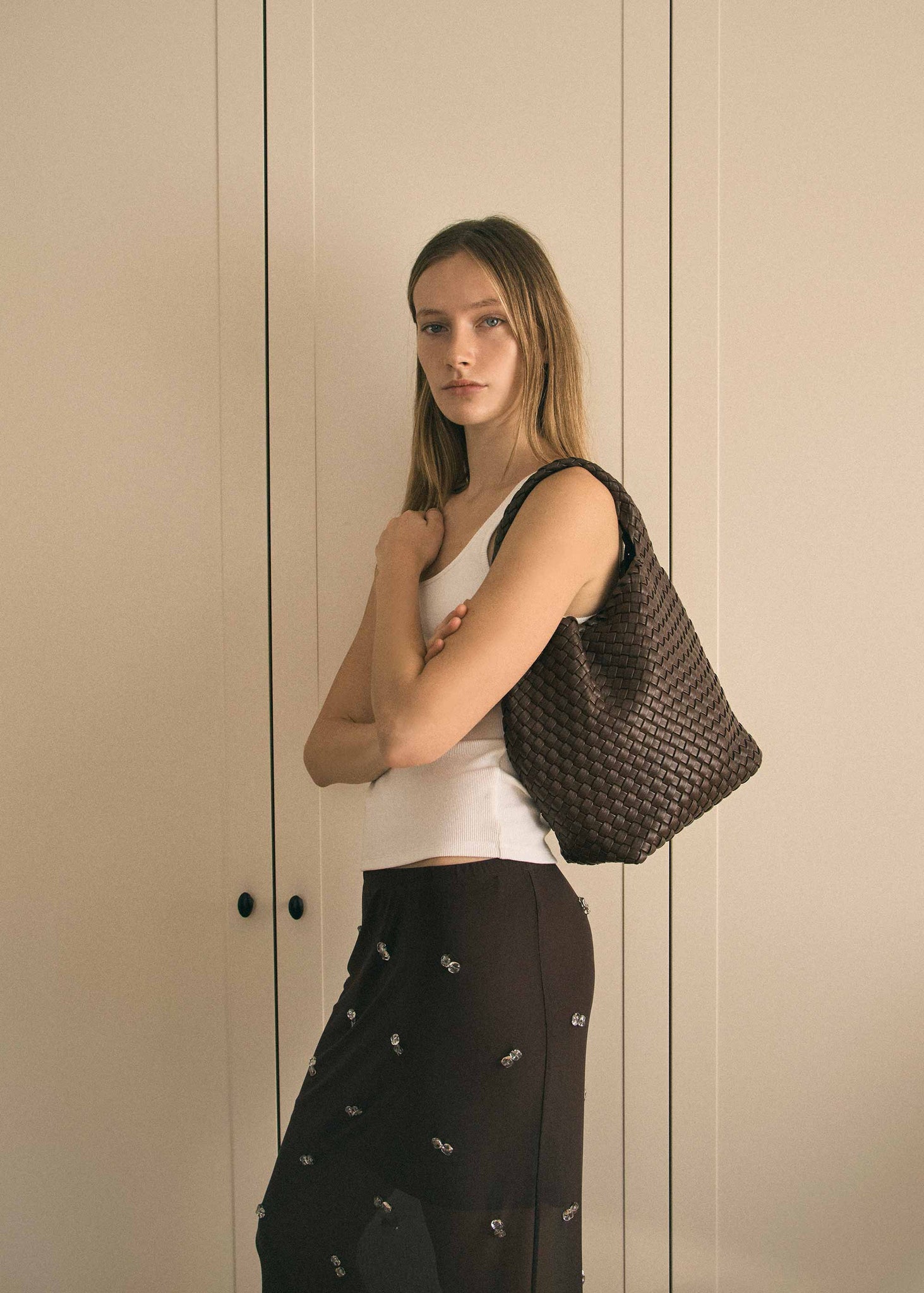 Rylan Brown Alt-Leather Woven Small Tote