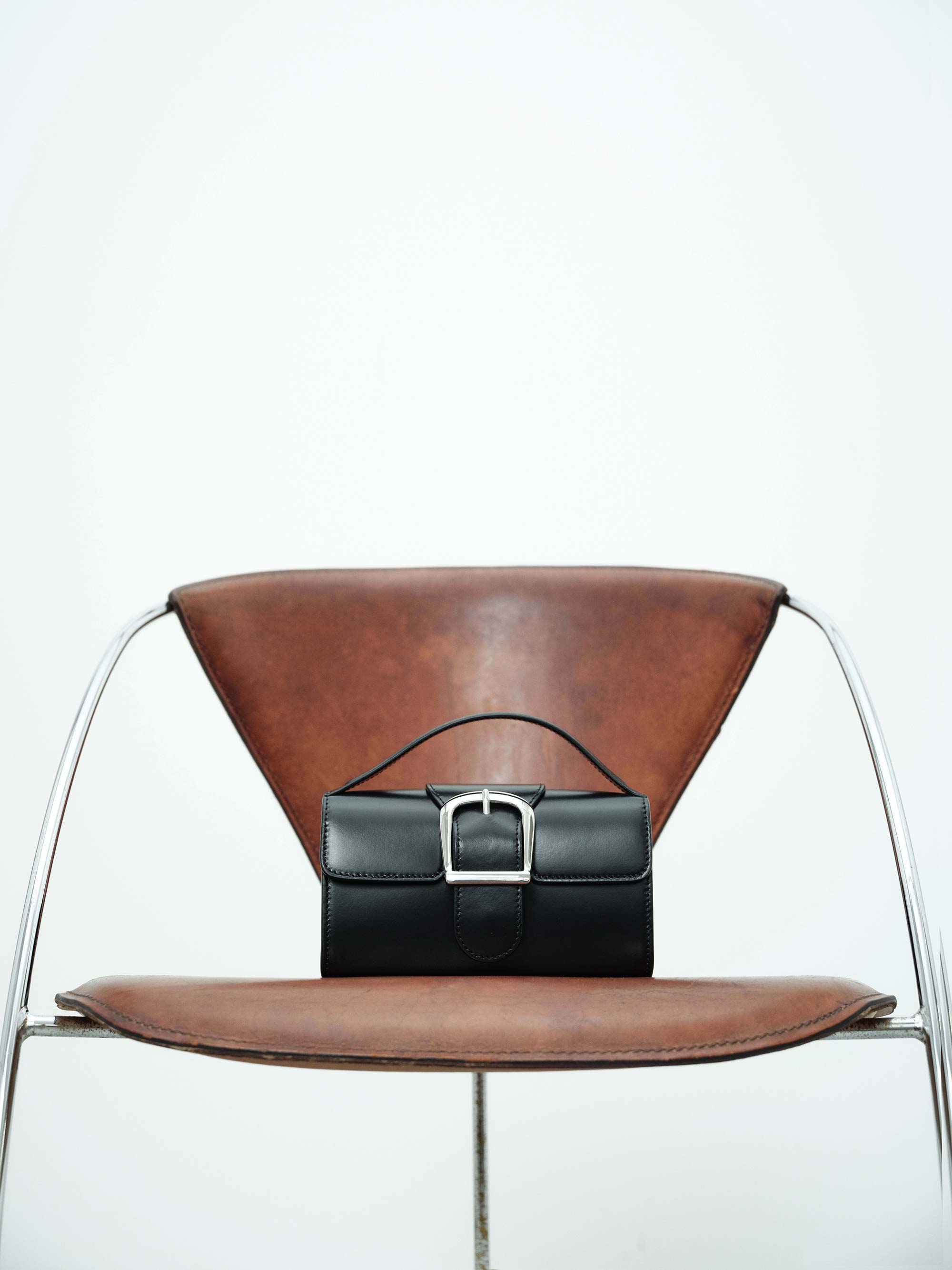 10.1S Black Mini Satchel with Flat Handle and Silver Buckle