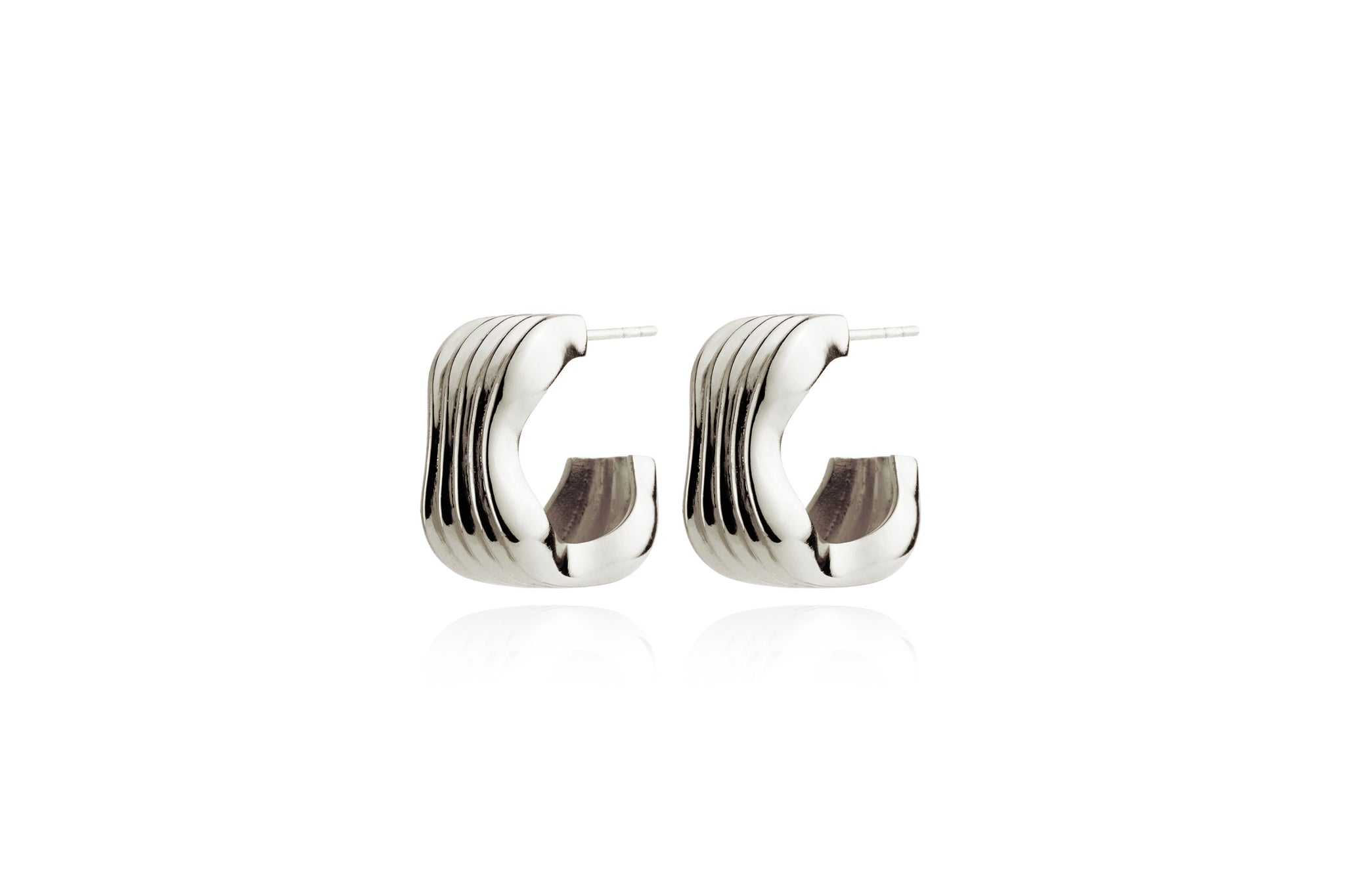 Curved Ribbed Hoop Earrings - Silver