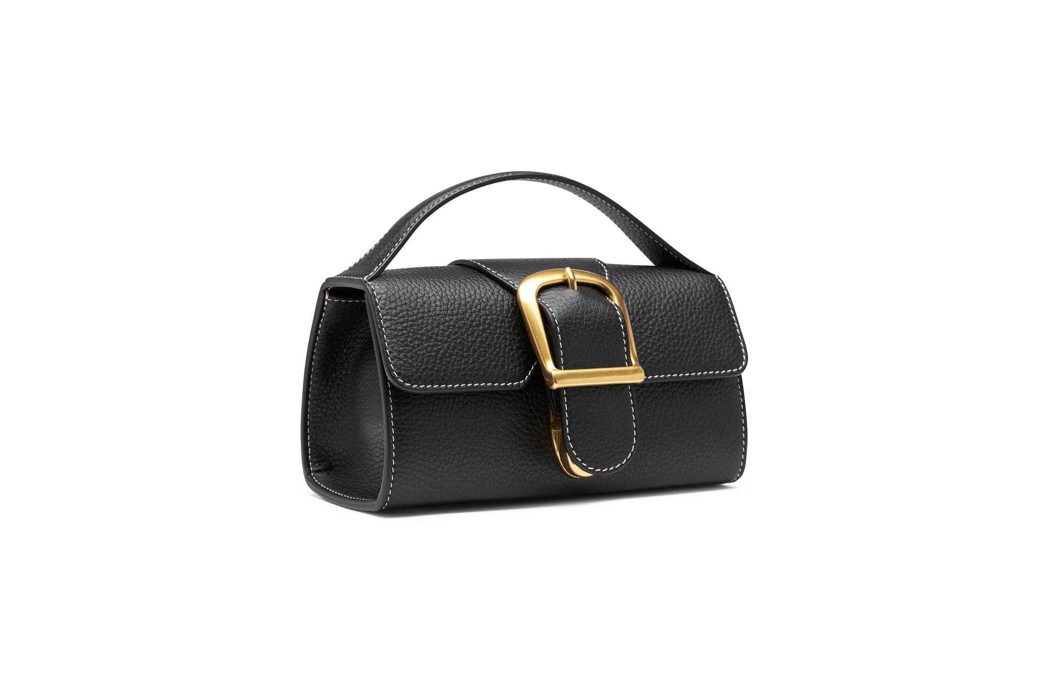 Rylan, Rylan Studio, Black with Ivory Stitch Soft Grained Mini Satchel with Flat Handle, Made in Italy